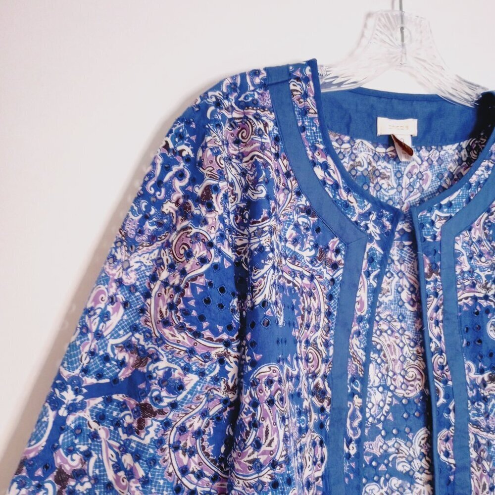 Chico's Blue & White Baroque Print Eyelet Lace Open Front Jacket - Picture 4 of 10